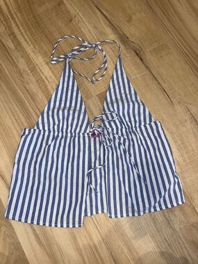 EDIKTED-Blue and White Striped Halter Tie-Front Crop Top